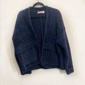 Anthropologie Cardigan Sweater One Size Navy Blue Shimmer Open Front Loose Fit